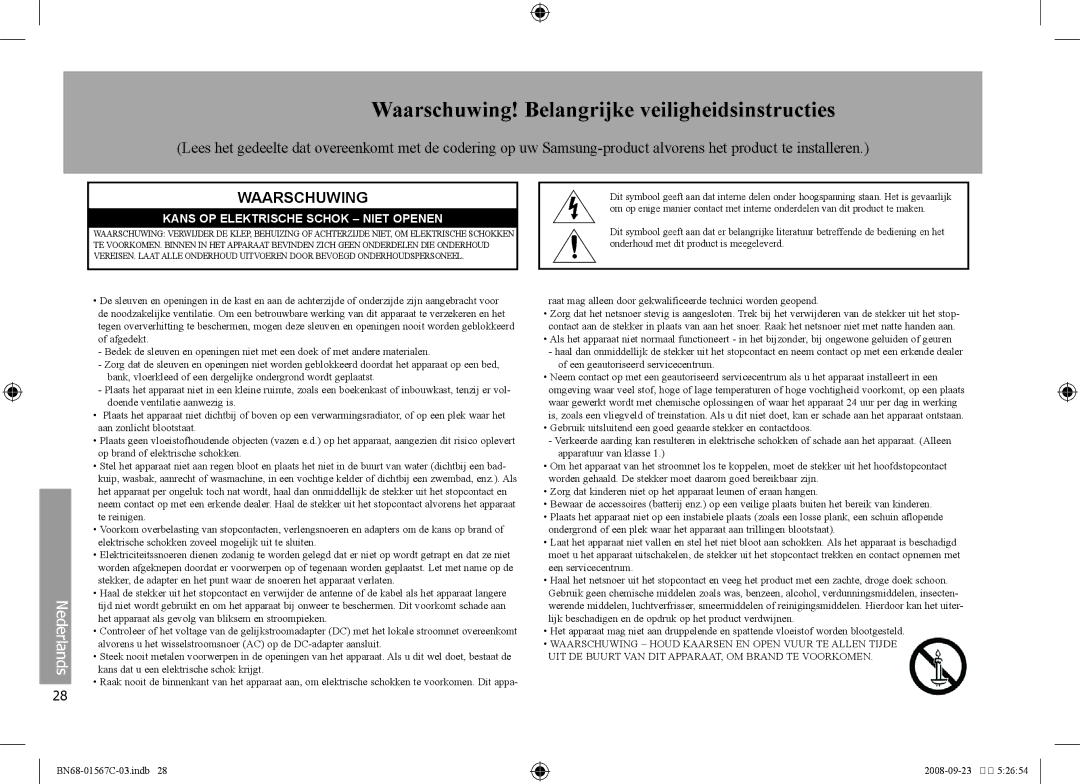 Samsung SPF-71E user manual Waarschuwing! Belangrijke veiligheidsinstructies, Kans OP Elektrische Schok Niet Openen 