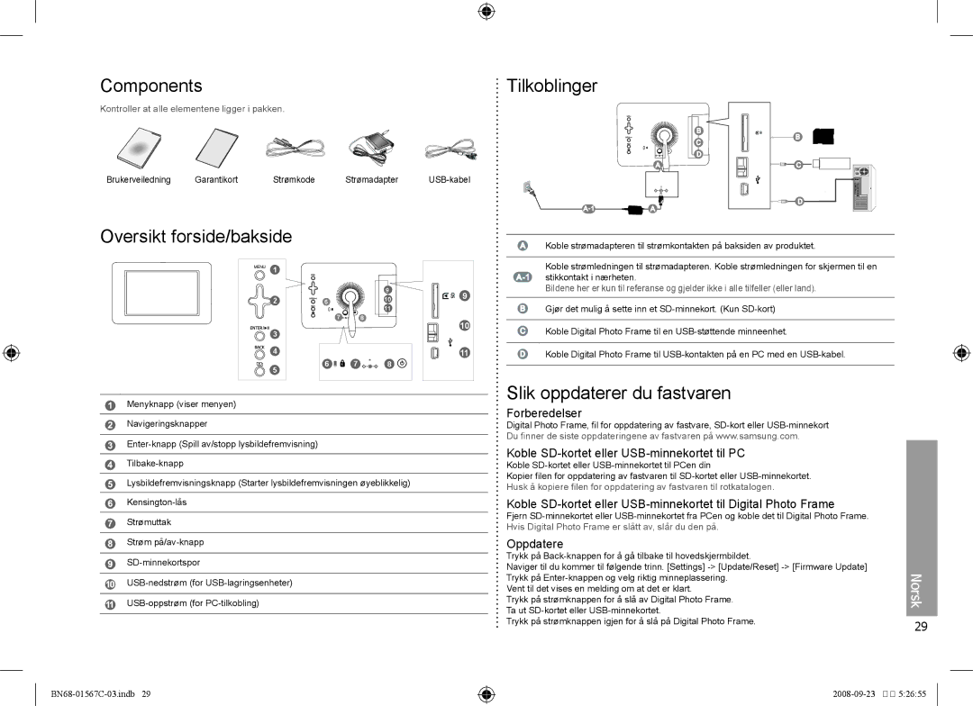 Samsung SPF-71E user manual Components Tilkoblinger, Oversikt forside/bakside, Slik oppdaterer du fastvaren, Oppdatere 