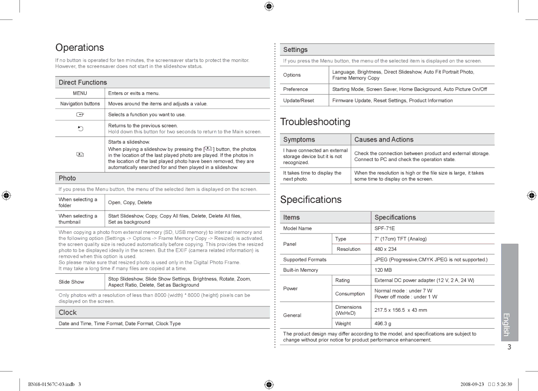 Samsung SPF-71E user manual Operations, Troubleshooting, Specifications, Clock 