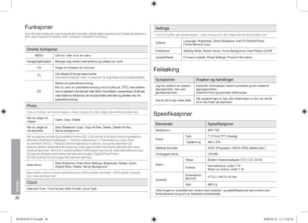 Samsung SPF-71E user manual Funksjoner, Feilsøking, Spesifikasjoner 