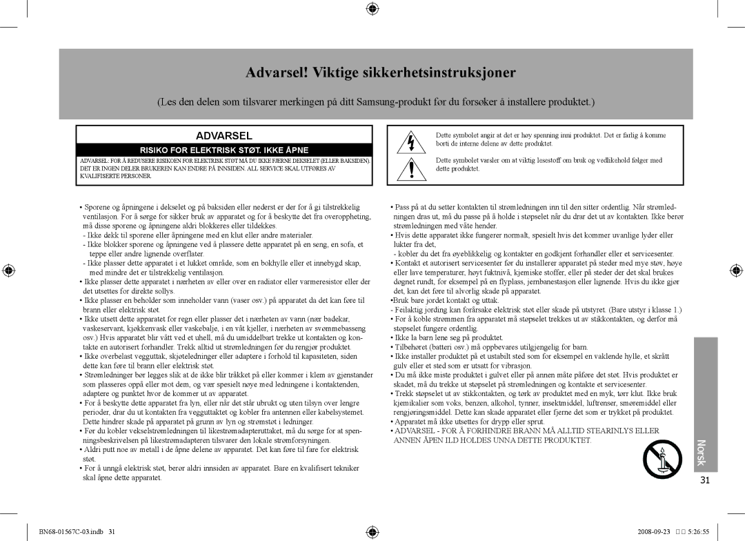 Samsung SPF-71E user manual Risiko for Elektrisk STØT. Ikke Åpne 