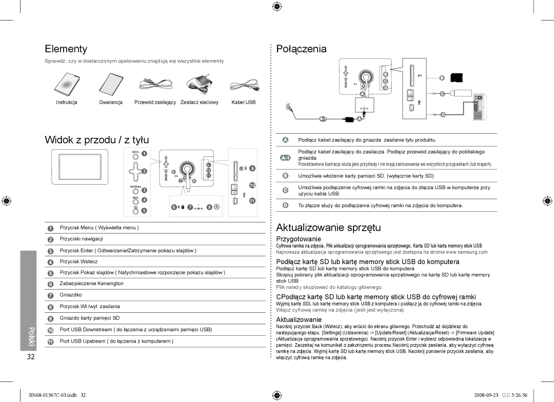 Samsung SPF-71E user manual Elementy Połączenia, Widok z przodu / z tyłu, Aktualizowanie sprzętu 