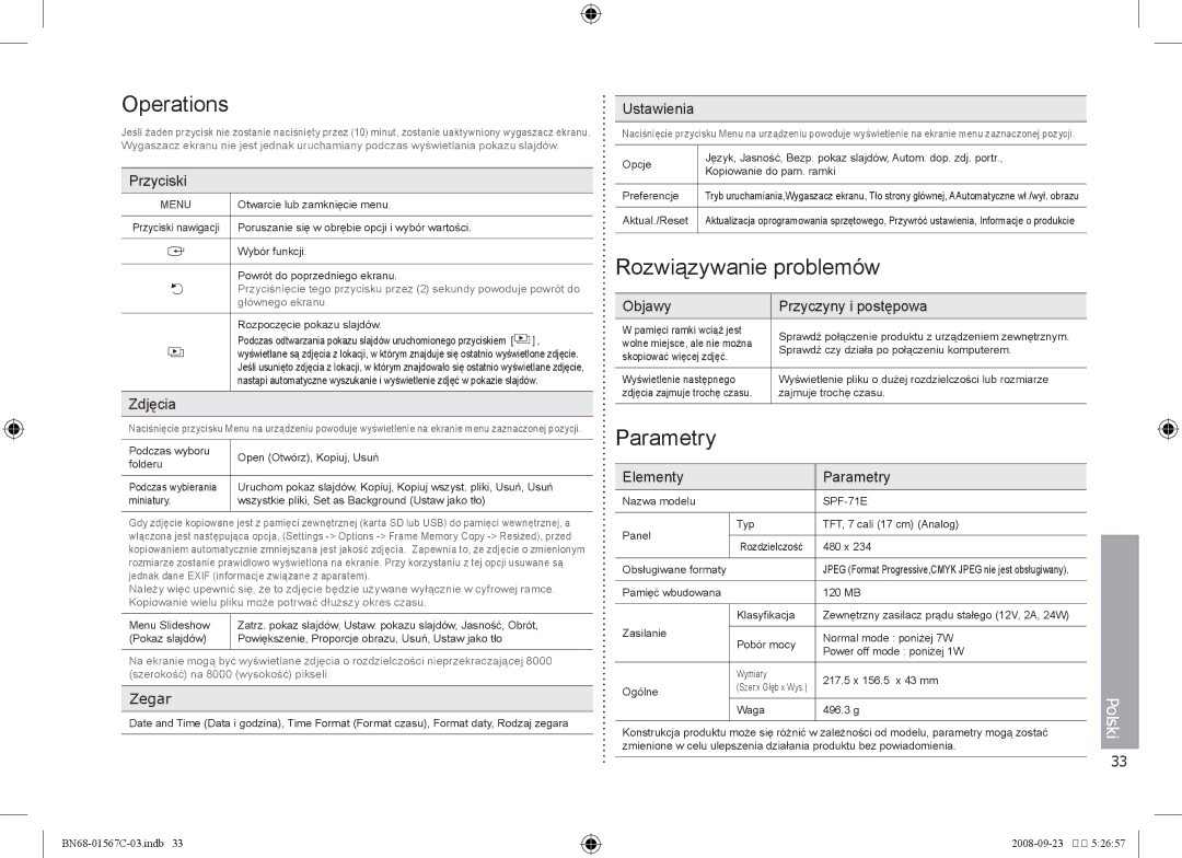 Samsung SPF-71E user manual Rozwiązywanie problemów, Parametry, Zegar 