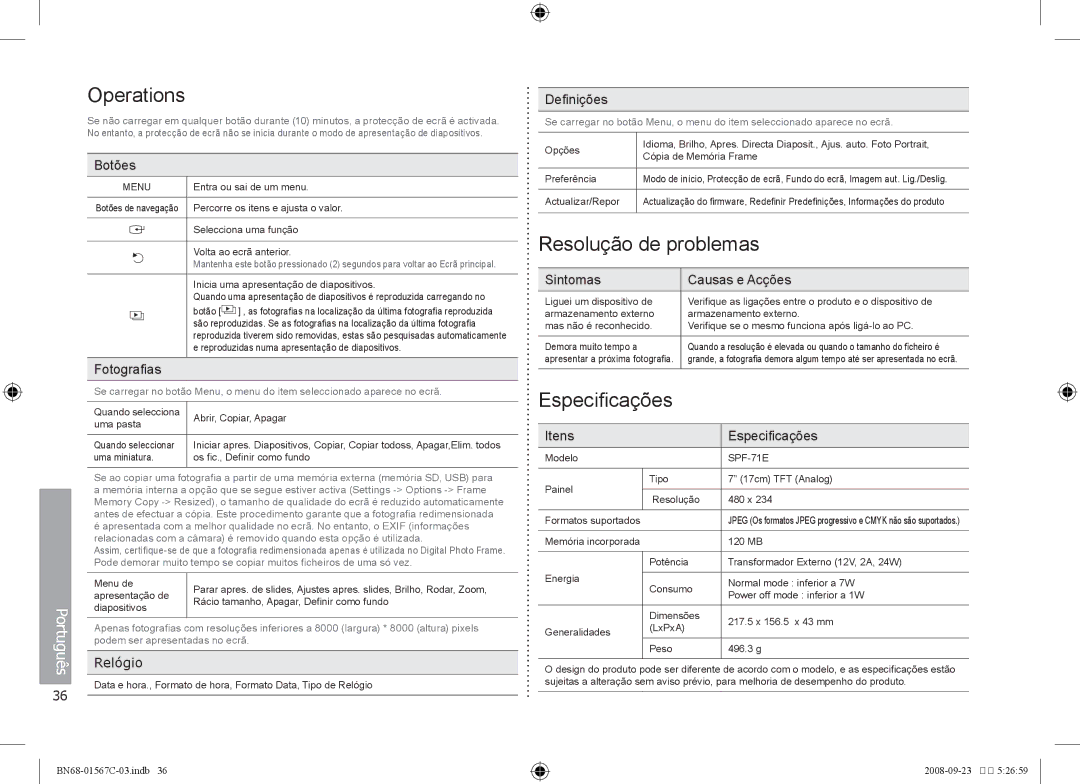 Samsung SPF-71E user manual Resolução de problemas, Especificações, Relógio 