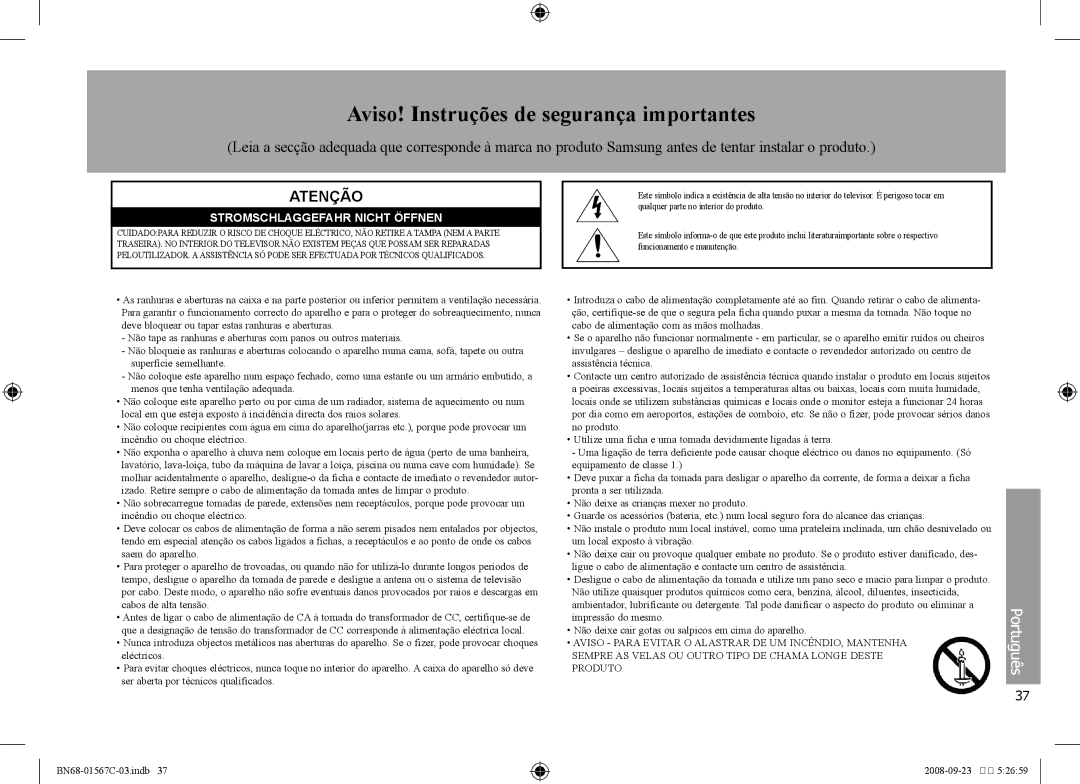 Samsung SPF-71E user manual Aviso! Instruções de segurança importantes, Atenção 