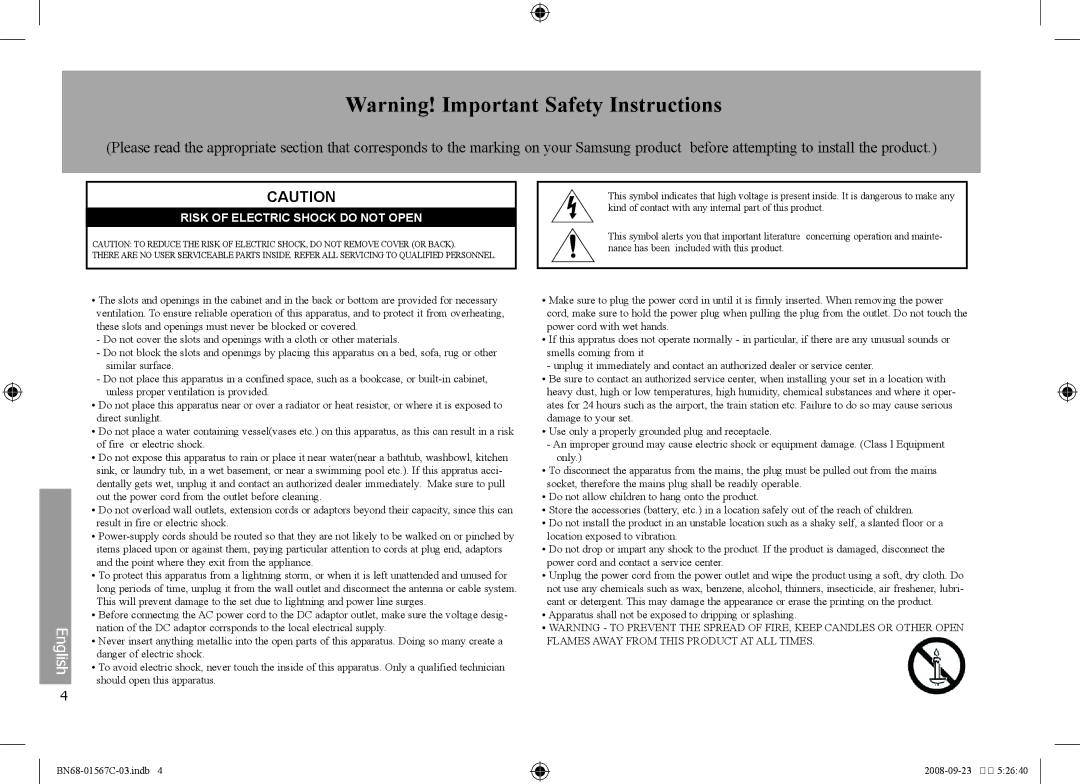 Samsung SPF-71E user manual English, Risk Of Electric Shock Do Not Open 