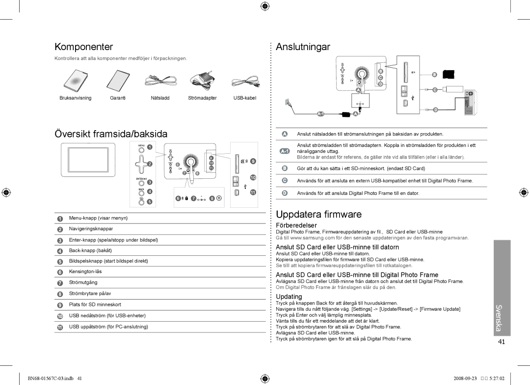 Samsung SPF-71E user manual Komponenter Anslutningar, Översikt framsida/baksida, Uppdatera firmware 