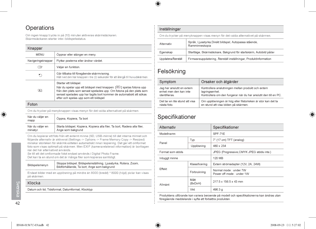 Samsung SPF-71E user manual Felsökning, Specifikationer, Klocka 