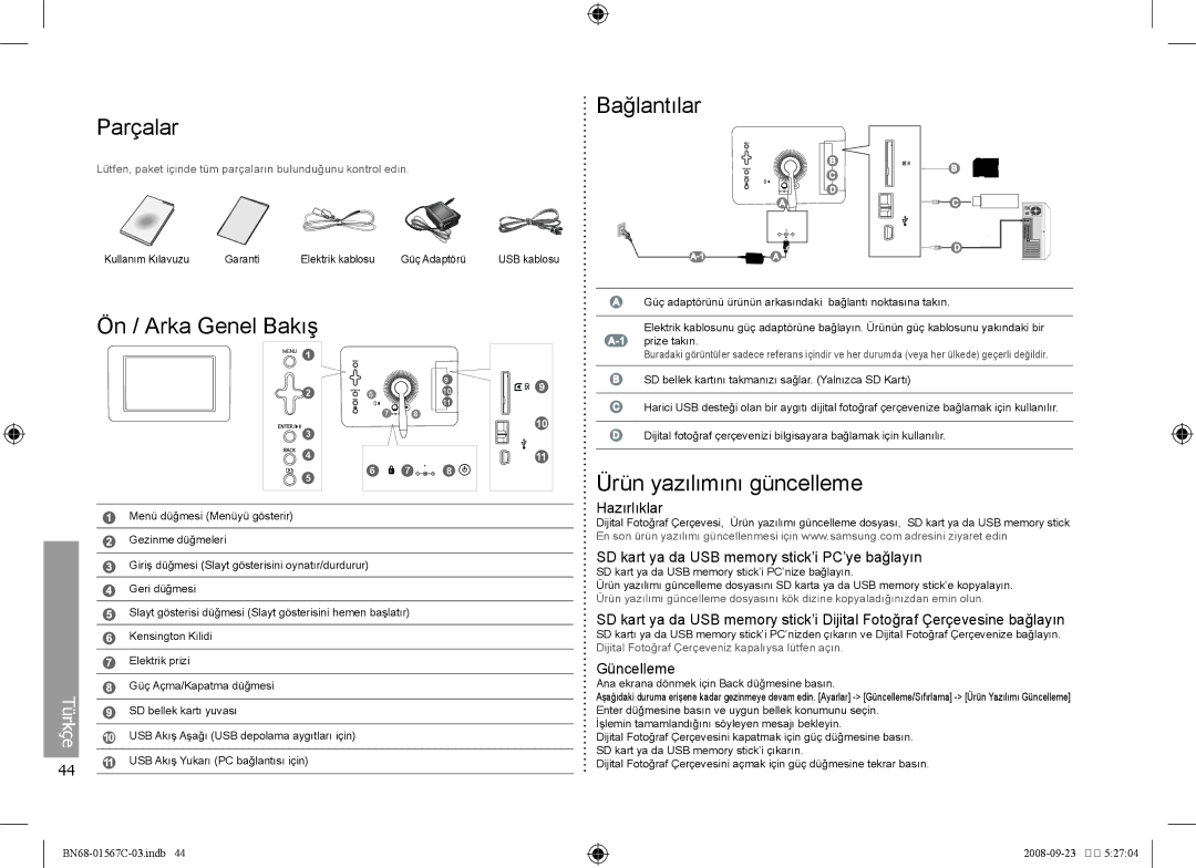 Samsung SPF-71E user manual Parçalar Bağlantılar, Ön / Arka Genel Bakış, Ürün yazılımını güncelleme, Güncelleme 