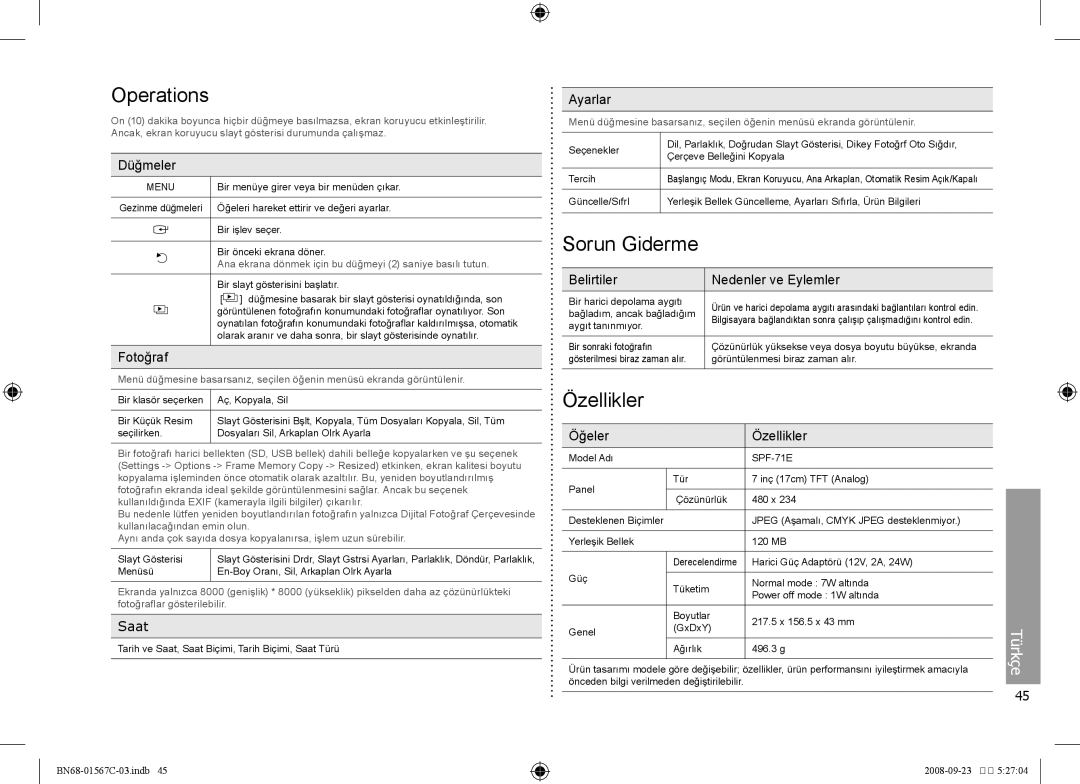 Samsung SPF-71E user manual Sorun Giderme, Özellikler, Saat 