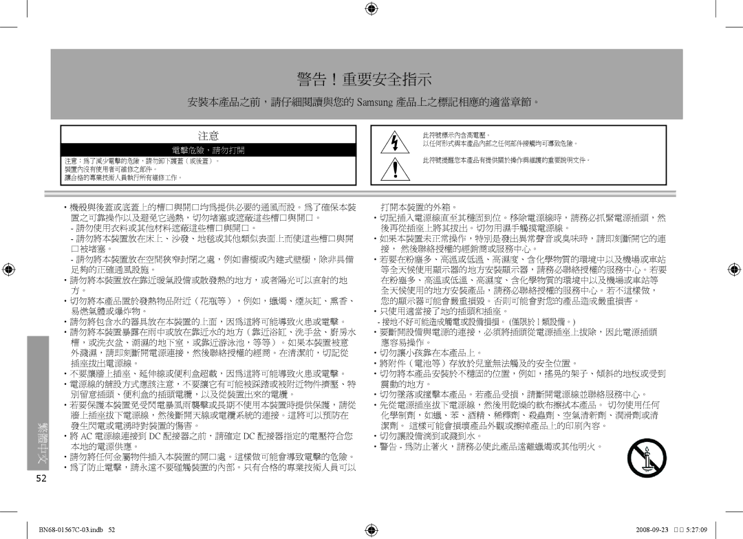 Samsung SPF-71E user manual 警告！重要安全指示 