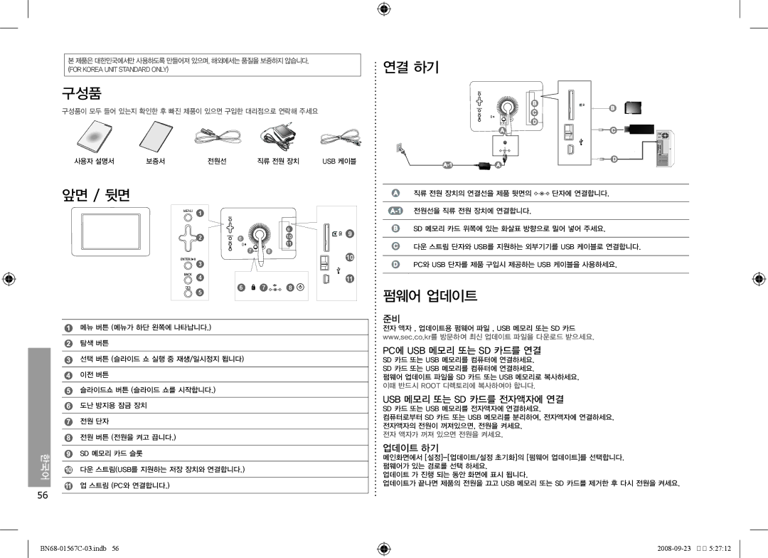 Samsung SPF-71E user manual 구성품, 연결 하기, 앞면 / 뒷면, 펌웨어 업데이트 