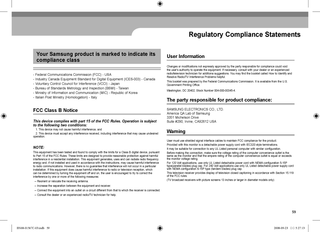 Samsung SPF-71E user manual Regulatory Compliance Statements 