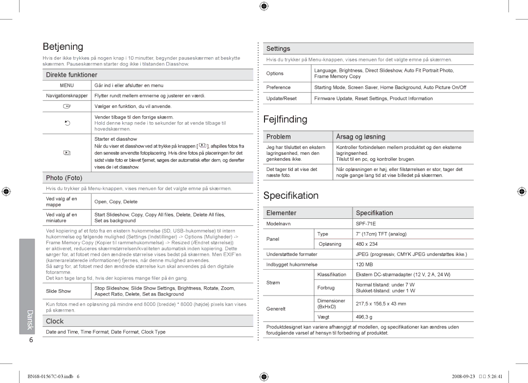 Samsung SPF-71E user manual Betjening, Fejlfinding, Specifikation 