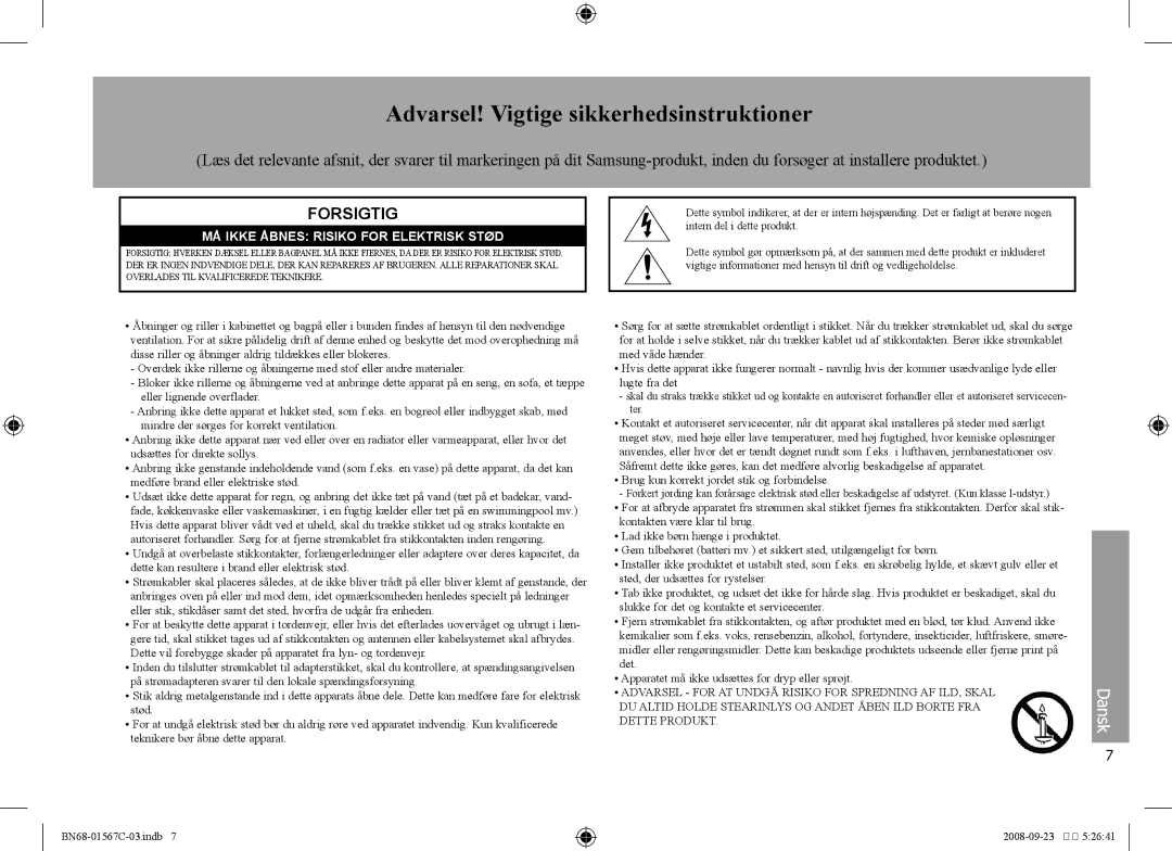 Samsung SPF-71E user manual Forsigtig, MÅ Ikke Åbnes Risiko for Elektrisk Stød 