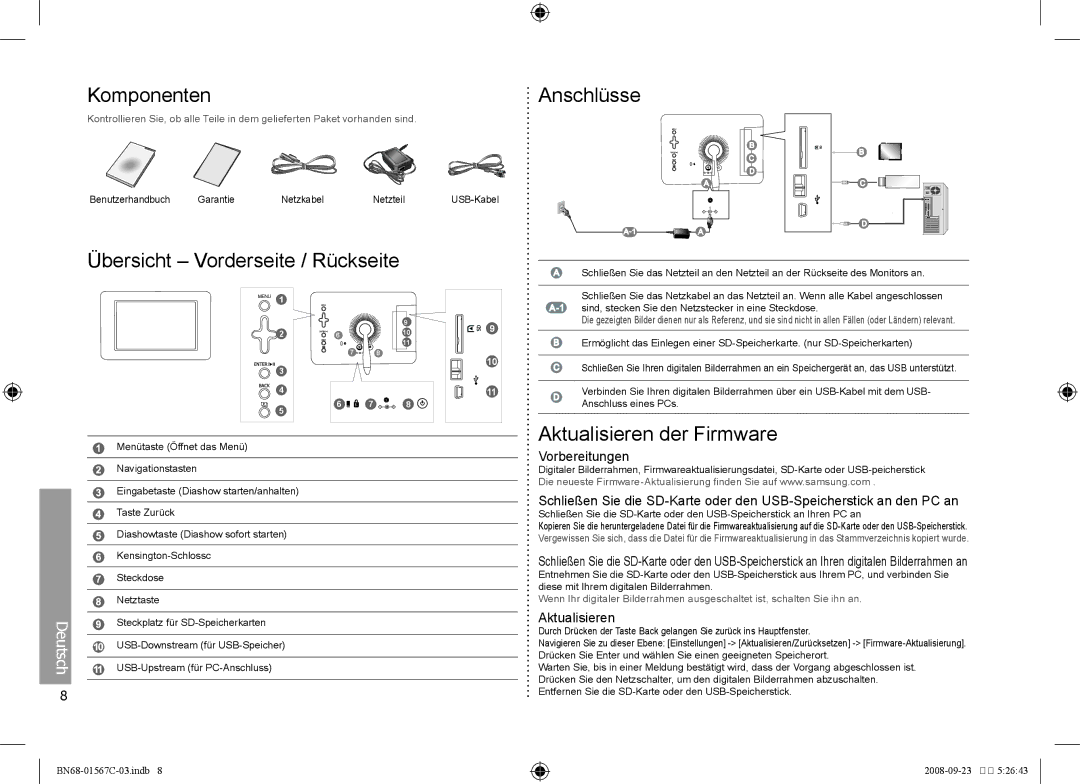 Samsung SPF-71E user manual Komponenten Anschlüsse, Übersicht Vorderseite / Rückseite, Aktualisieren der Firmware 