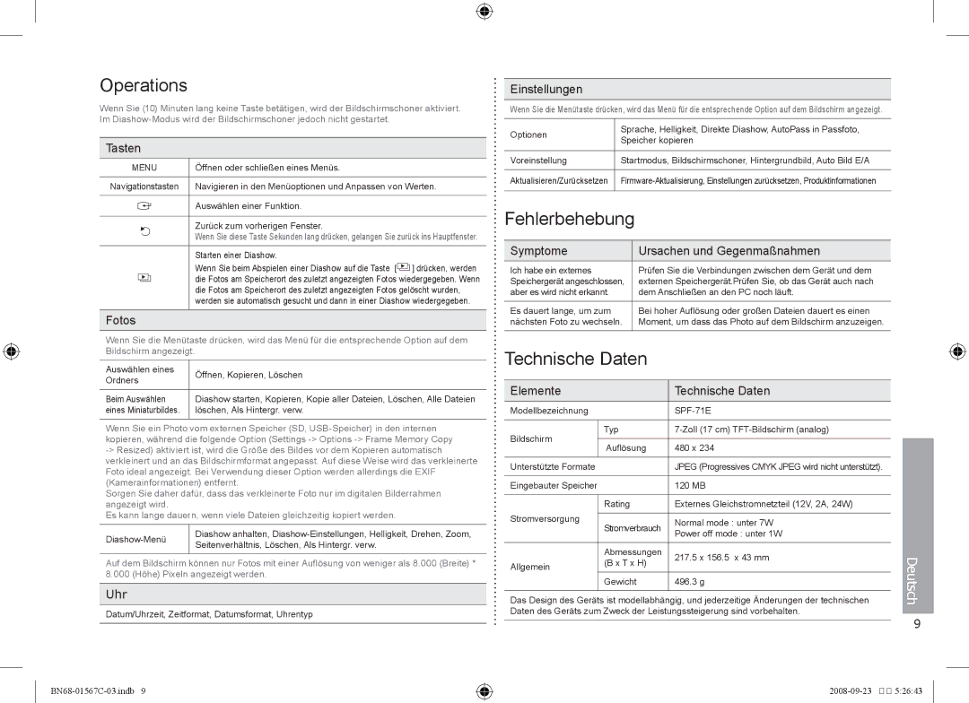 Samsung SPF-71E user manual Fehlerbehebung, Technische Daten, Uhr 