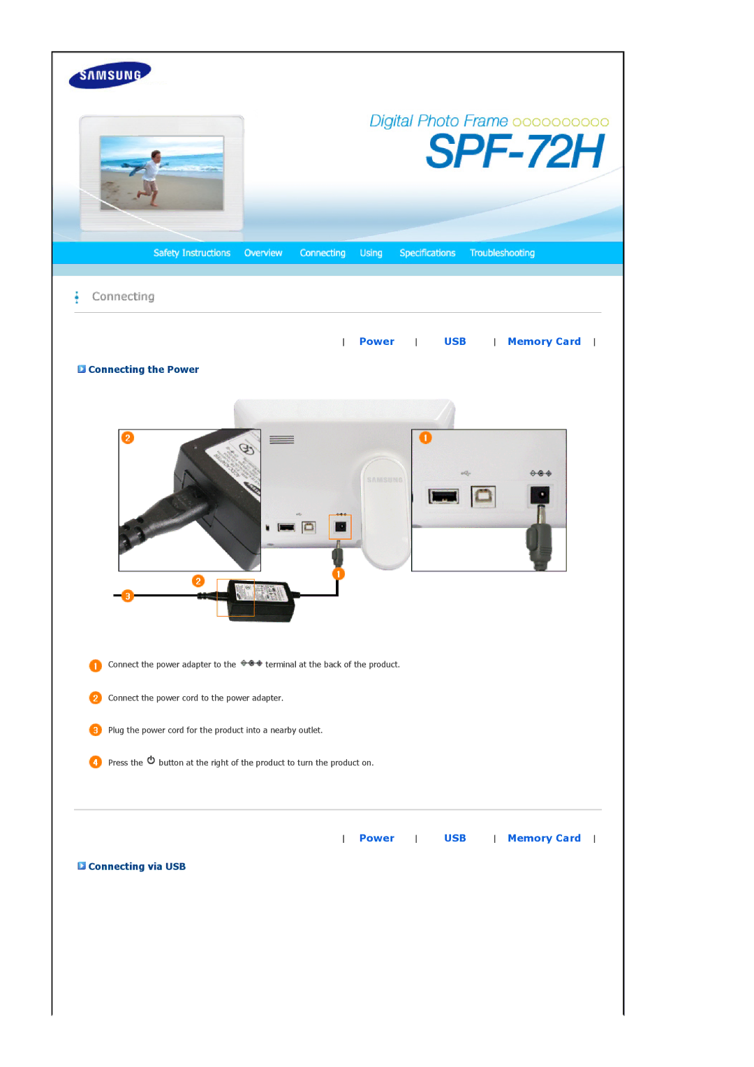 Samsung SPF-72H manual Memory Card, Connecting the Power, Connecting via USB 