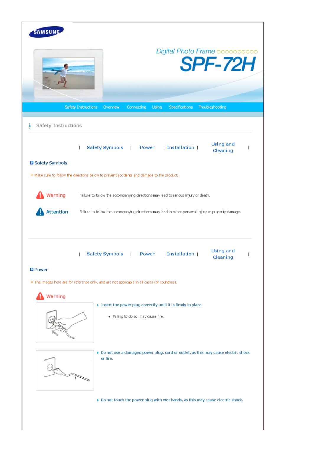 Samsung SPF-72H manual Safety Symbols Power Installation Using Cleaning 