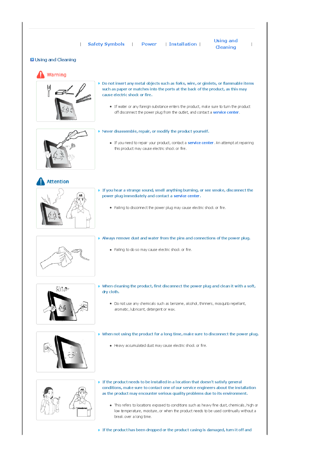 Samsung SPF-72H manual Using and Cleaning, Never disassemble, repair, or modify the product yourself 