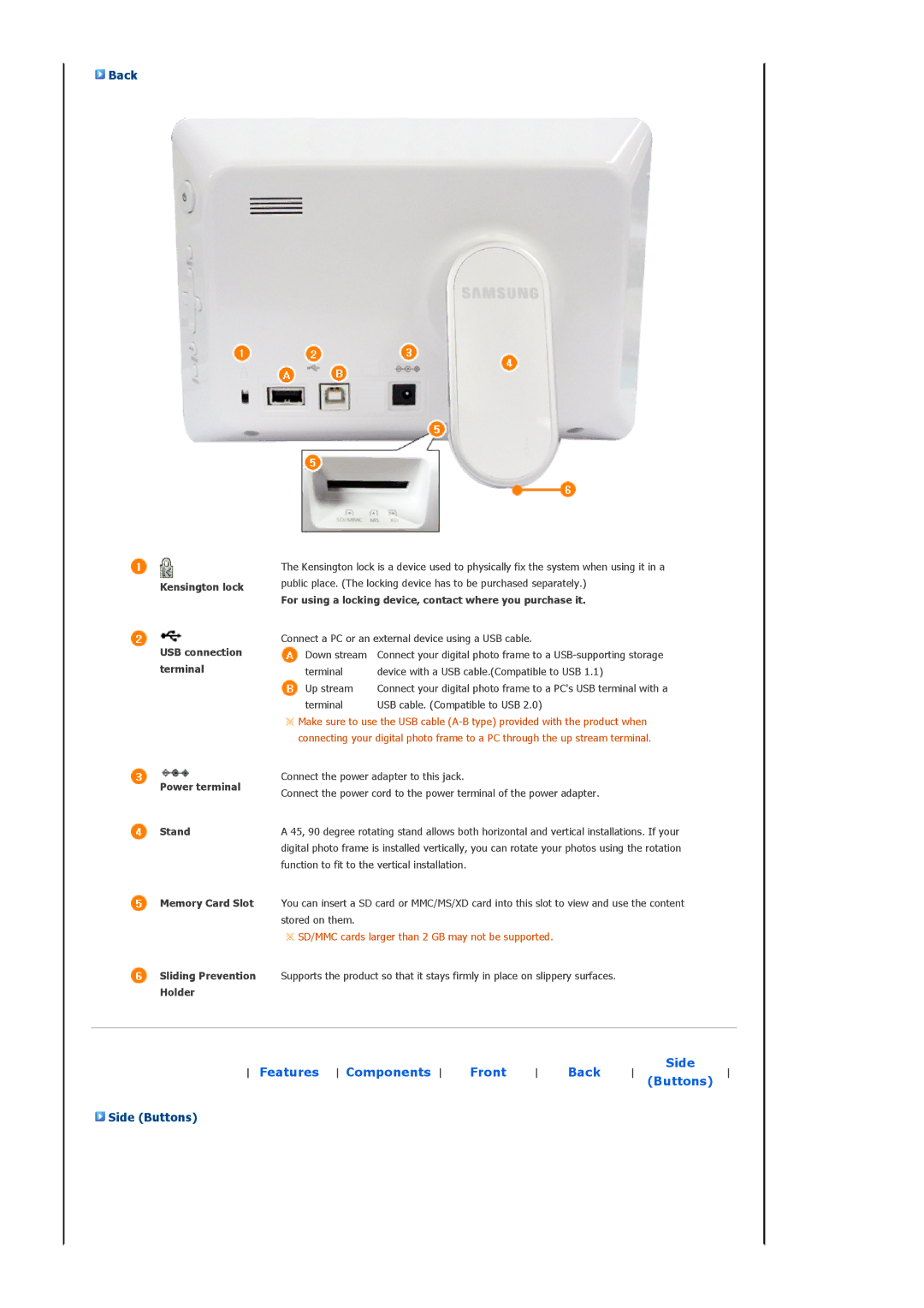 Samsung SPF-72H manual Back, Side Buttons 