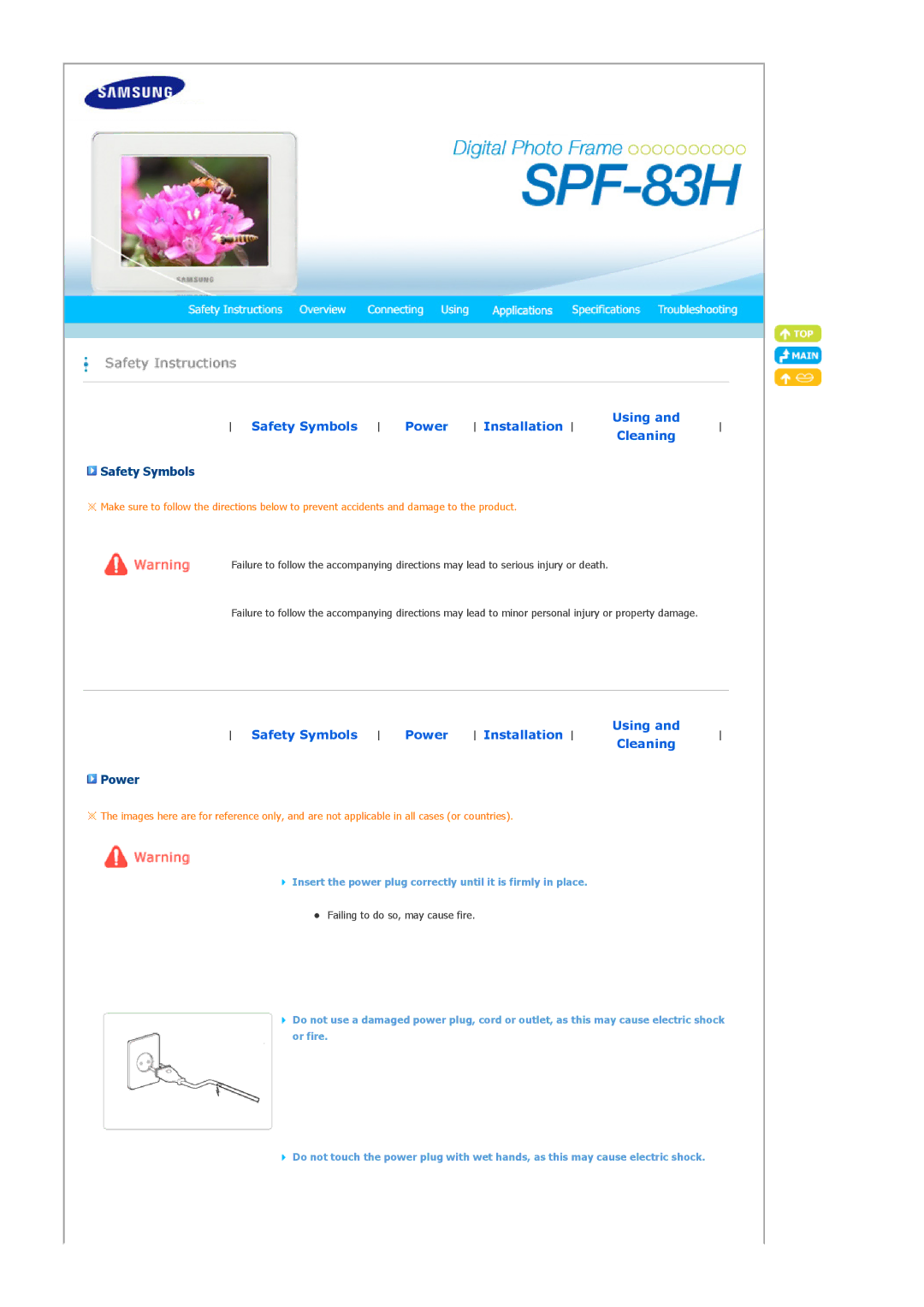 Samsung SPF-83H manual Safety Symbols Power Installation Using Cleaning 