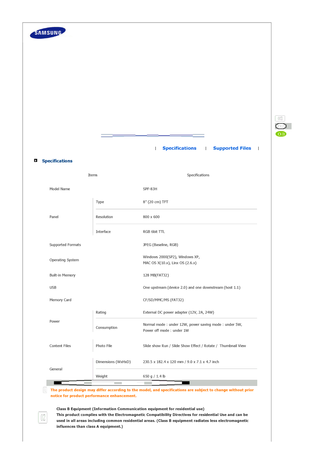 Samsung SPF-83H manual Specifications Supported Files 