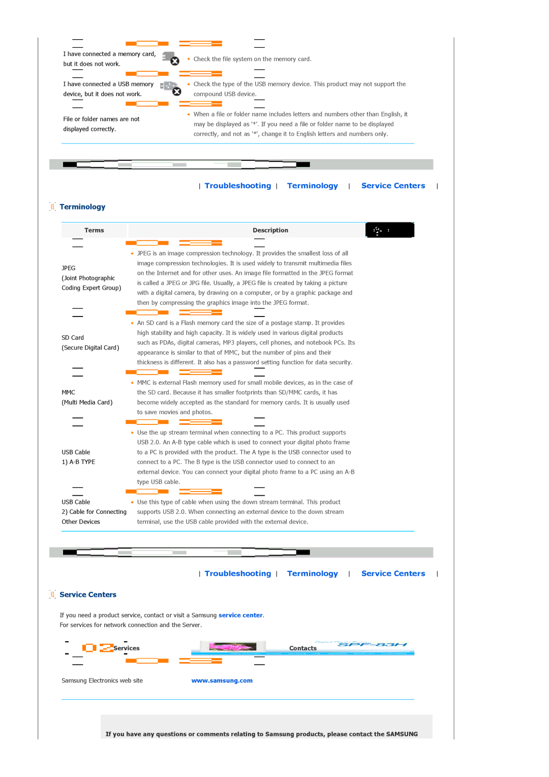 Samsung SPF-83H manual Terminology, Service Centers, Terms, Services 