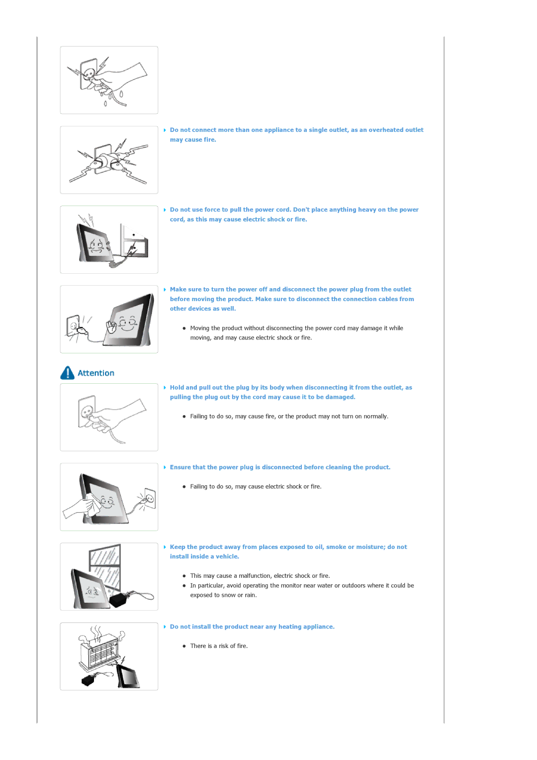 Samsung SPF-83H manual Do not install the product near any heating appliance 