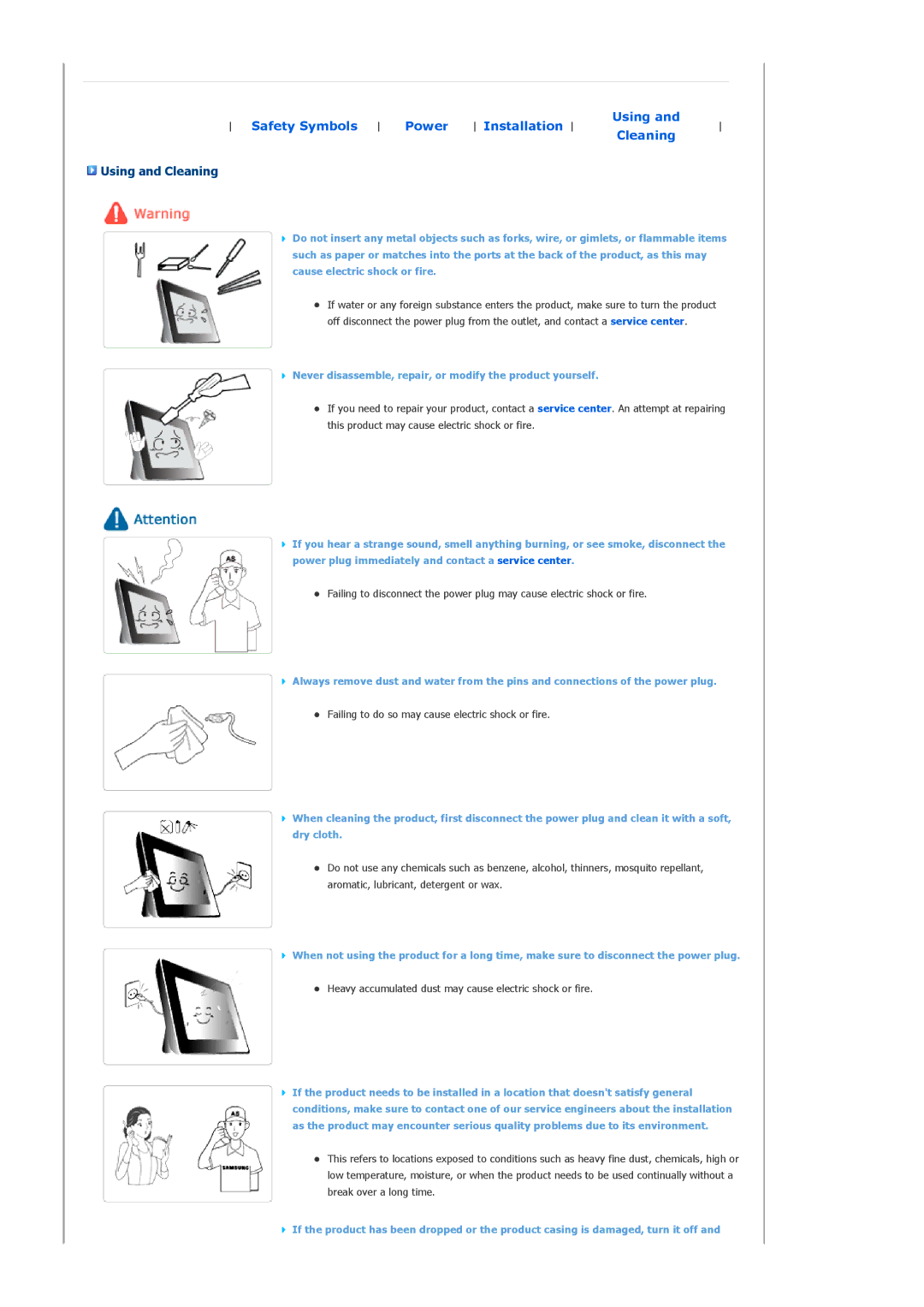 Samsung SPF-83H manual Using and Cleaning, Never disassemble, repair, or modify the product yourself 