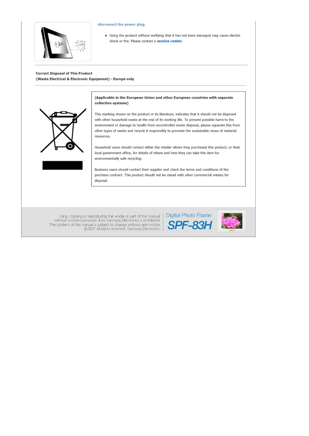 Samsung SPF-83H manual Disconnect the power plug 