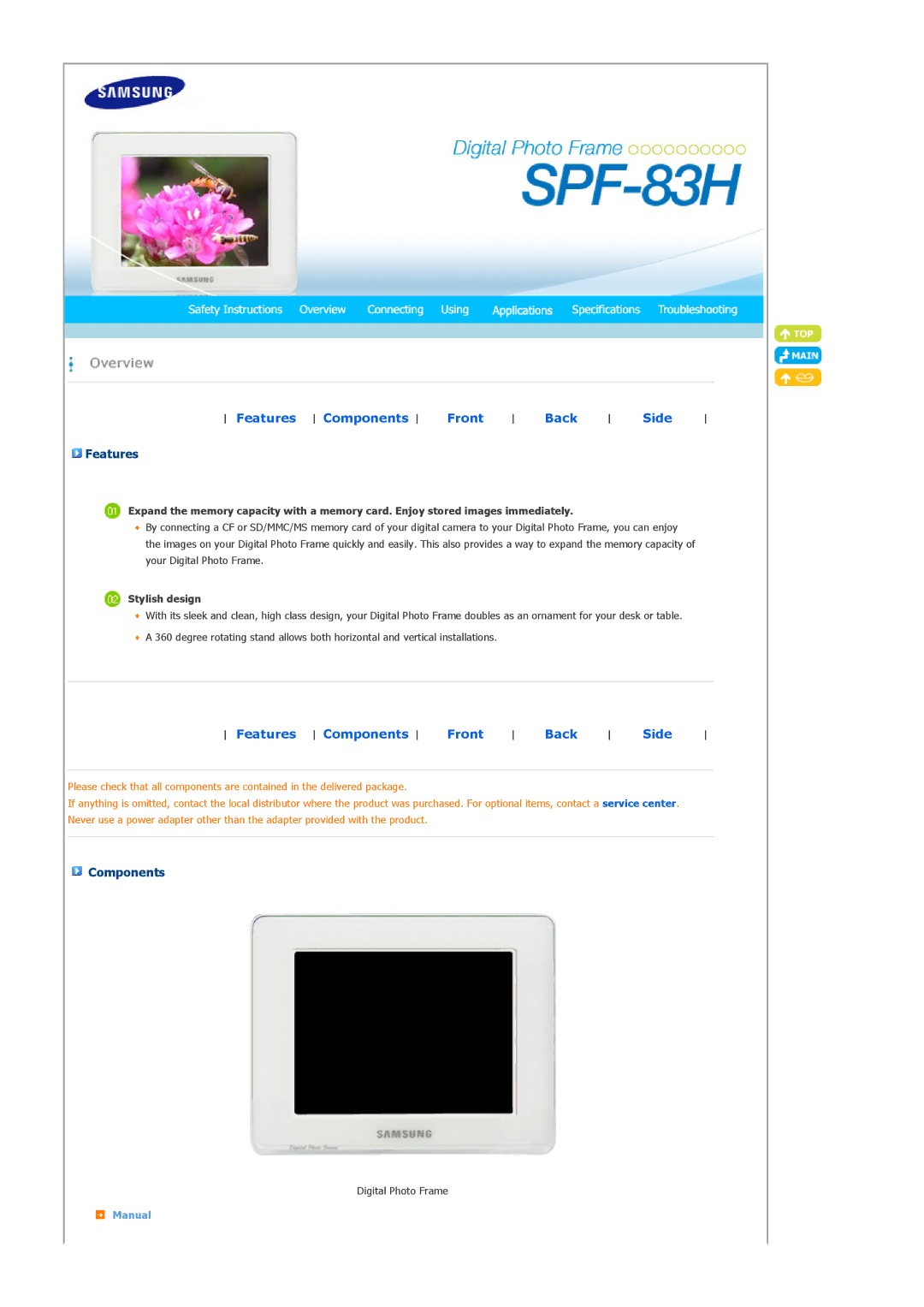Samsung SPF-83H manual Features Components Front Back Side, Stylish design, Manual 