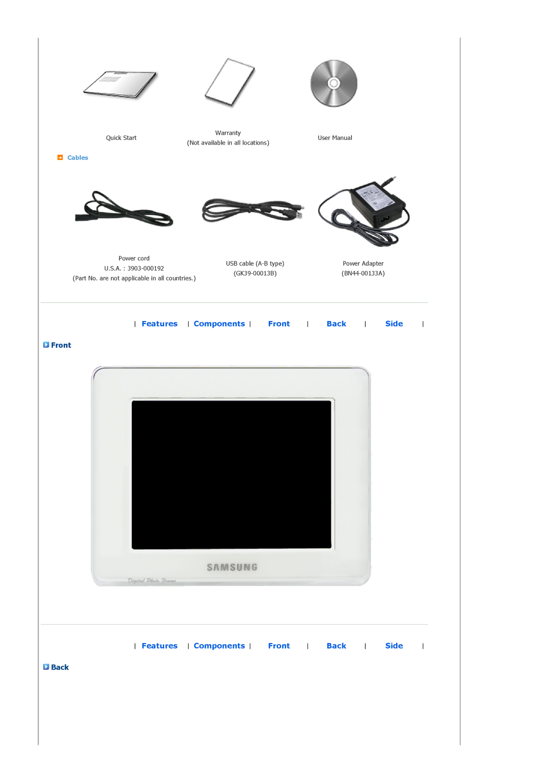 Samsung SPF-83H manual Front, Back, Cables 