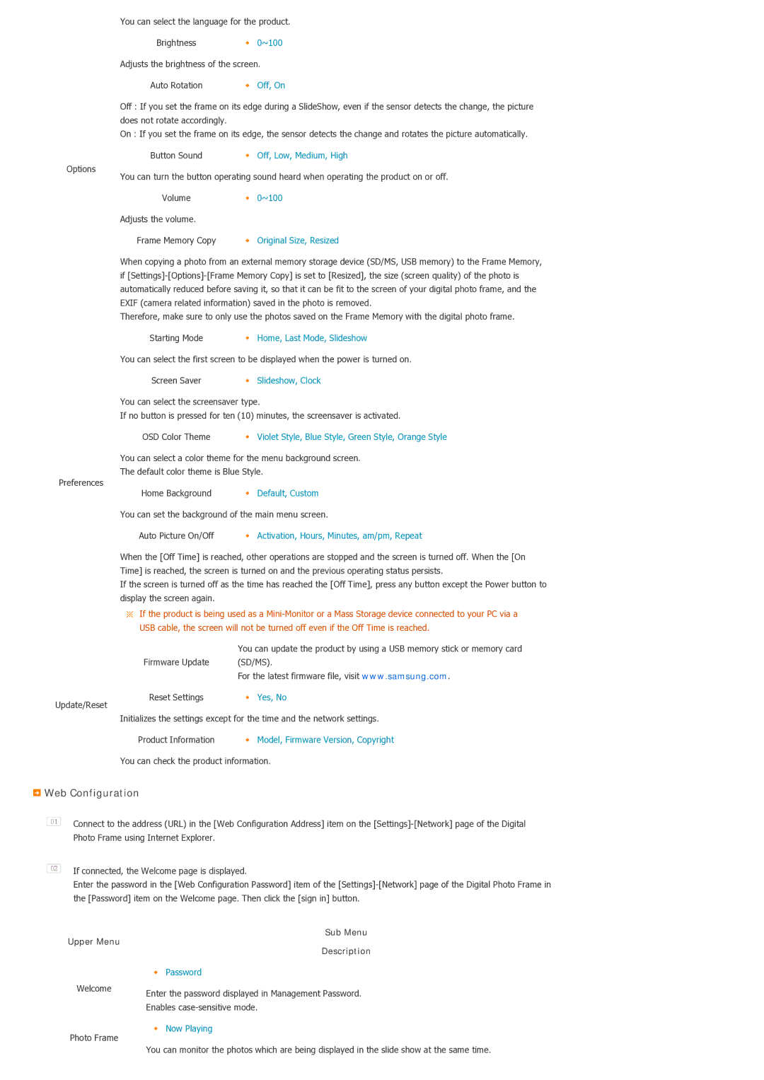 Samsung SPF-85V, SPF-86V manual Web Configuration, Upper Menu, Sub Menu Description 