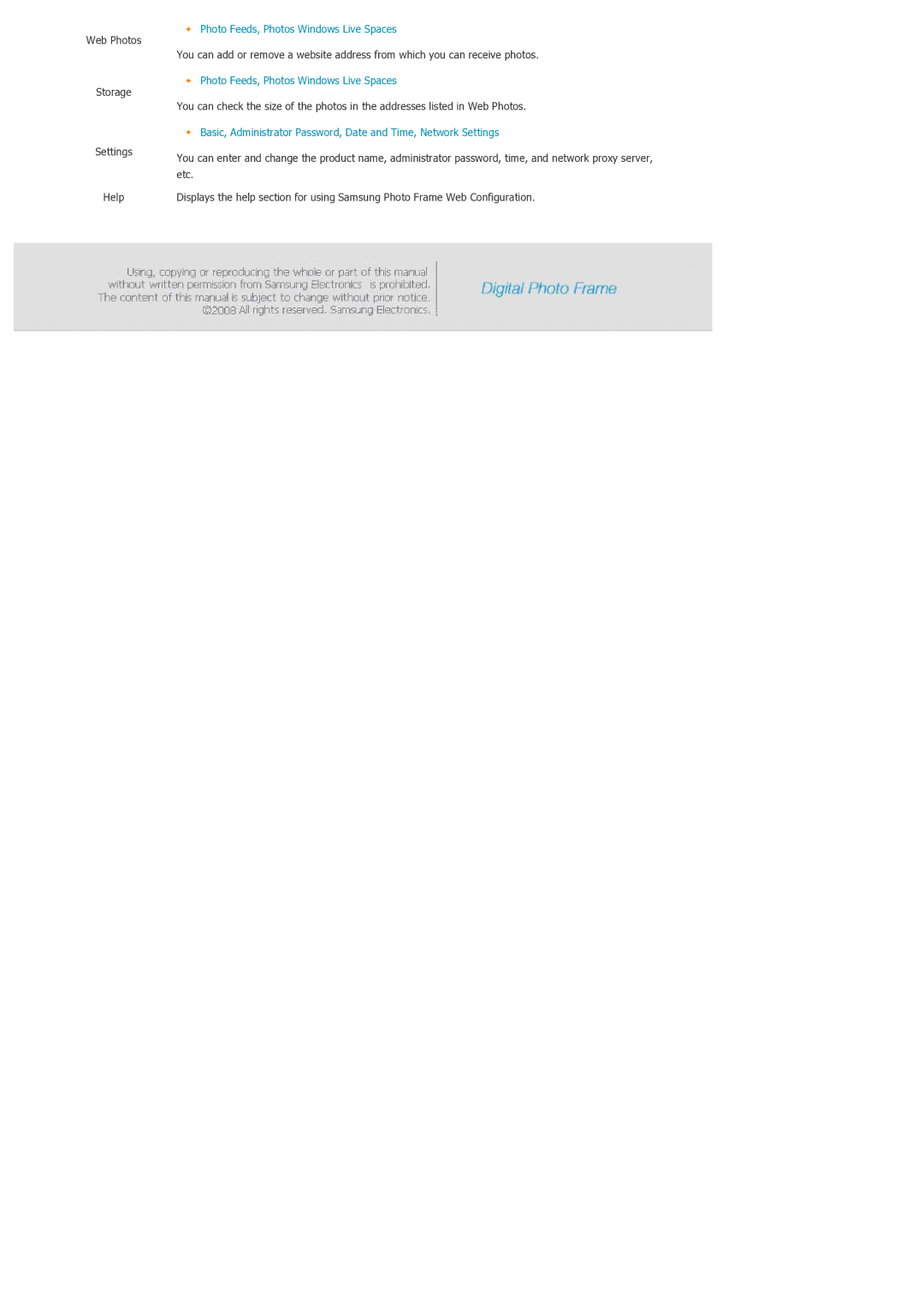 Samsung SPF-86V, SPF-85V manual Web Photos Storage Settings Help 