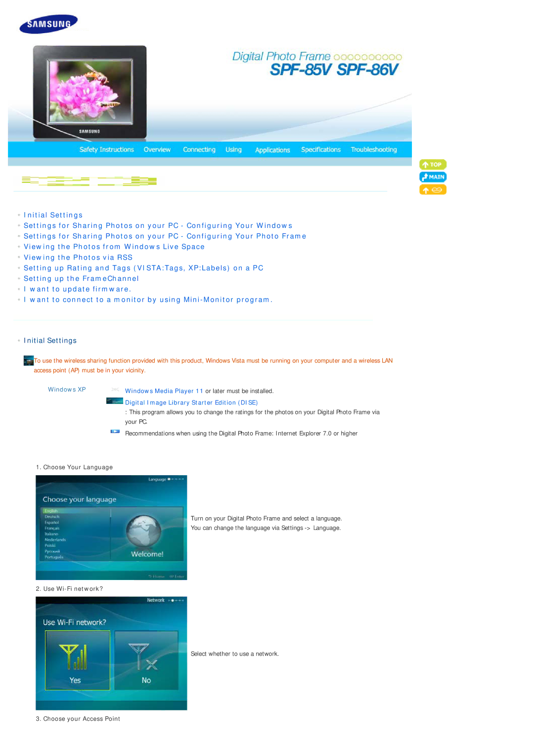 Samsung SPF-85V, SPF-86V Initial Settings, Windows XP, Choose Your Language, Use Wi-Fi network?, Choose your Access Point 