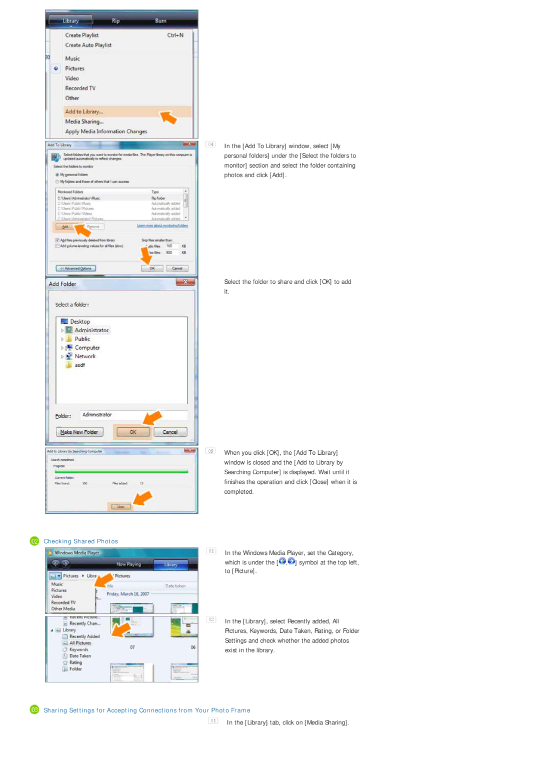 Samsung SPF-85V, SPF-86V manual Checking Shared Photos, Library tab, click on Media Sharing 