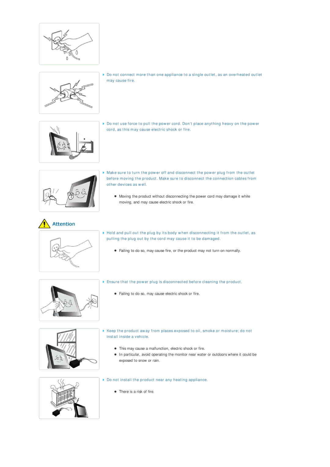 Samsung SPF-85V Failing to do so, may cause electric shock or fire, Do not install the product near any heating appliance 