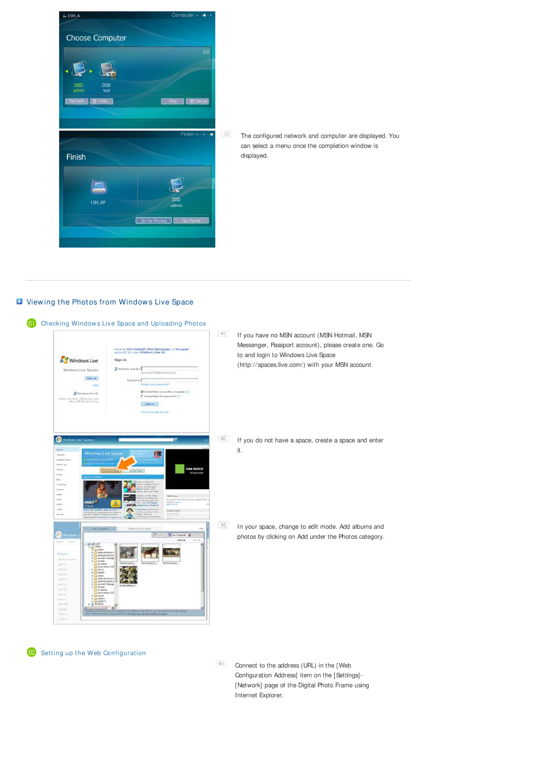 Samsung SPF-86V, SPF-85V manual Viewing the Photos from Windows Live Space, Checking Windows Live Space and Uploading Photos 
