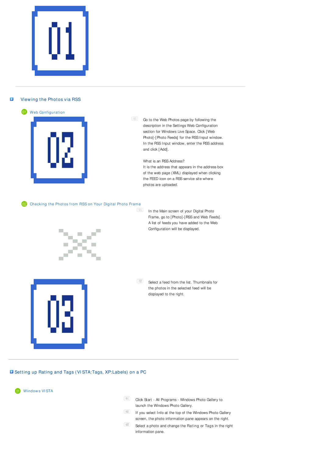 Samsung SPF-86V Viewing the Photos via RSS, Setting up Rating and Tags VISTATags, XPLabels on a PC, Web Configuration 