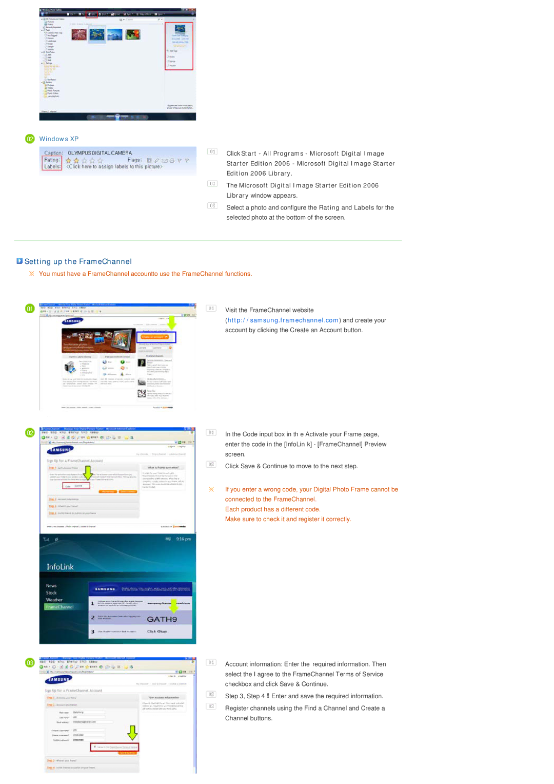Samsung SPF-85V, SPF-86V manual Setting up the FrameChannel, Windows XP 