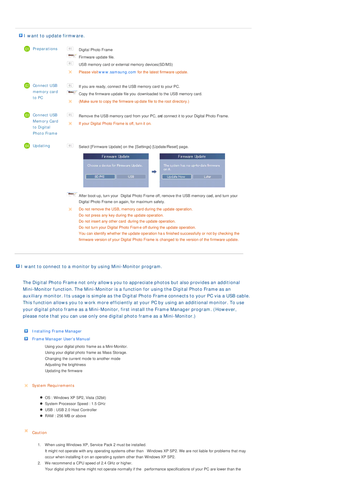 Samsung SPF-86V, SPF-85V manual Want to update firmware, Preparations, Updating 