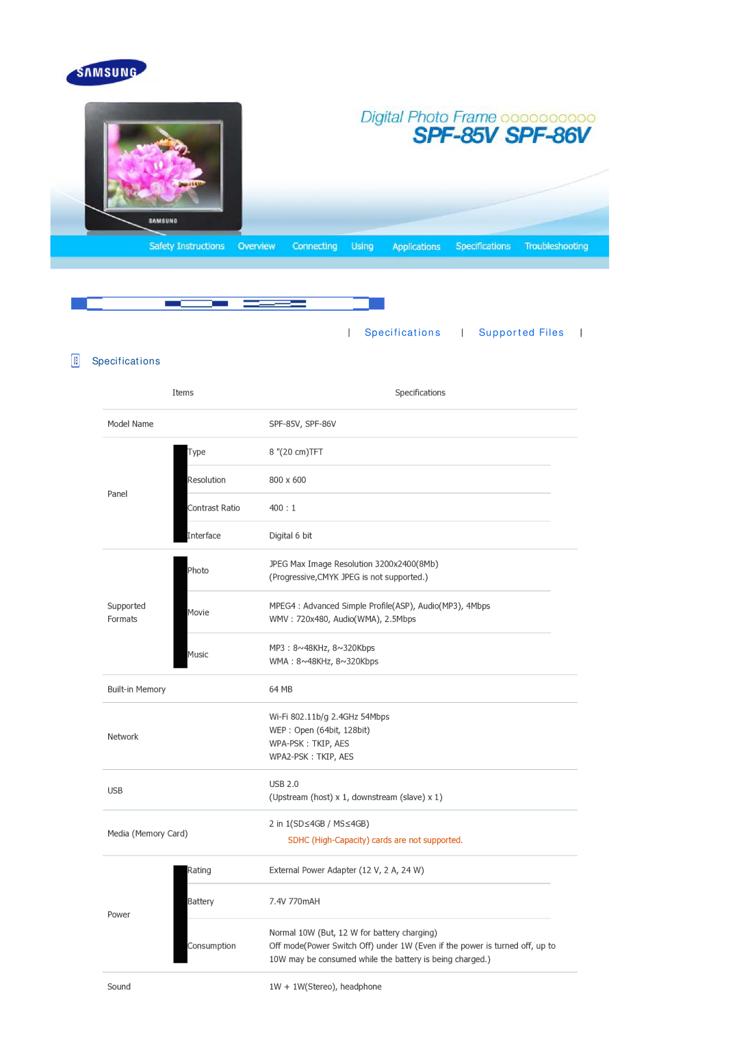 Samsung SPF-86V, SPF-85V manual Specifications, USB Upstream host x 1, downstream slave x 1SD≤4GB / MS≤4GB 