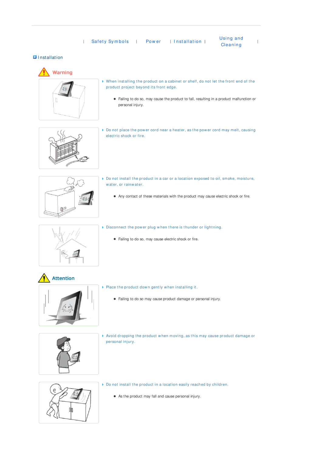 Samsung SPF-86V, SPF-85V manual Installation, Place the product down gently when installing it 