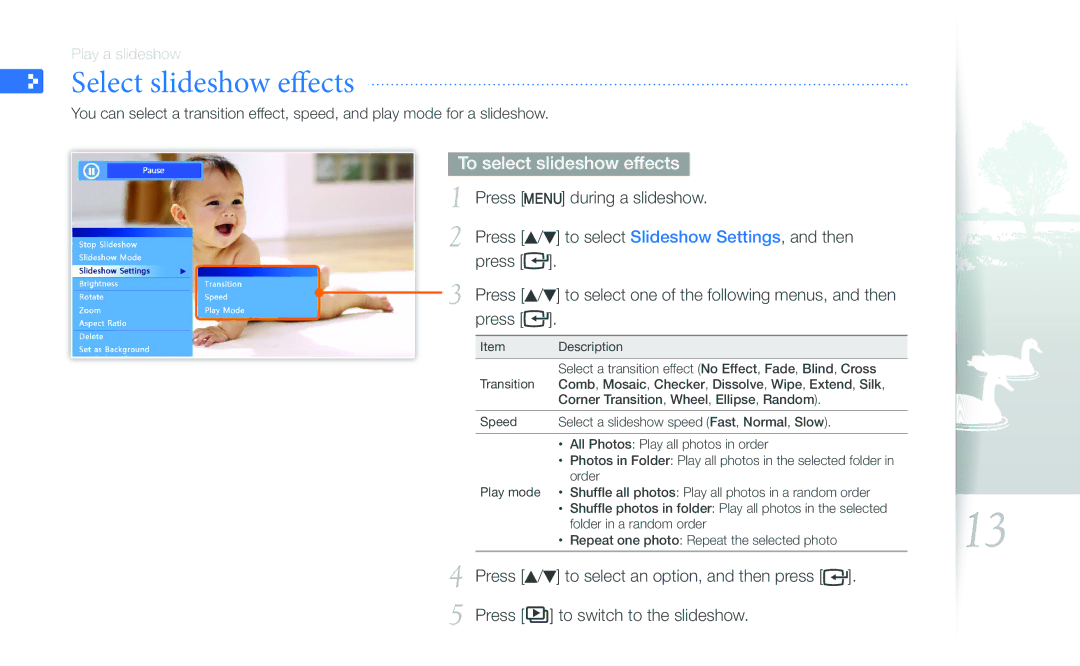 Samsung SPF-107H, SPF-87H user manual Select slideshow effects, To select slideshow effects 