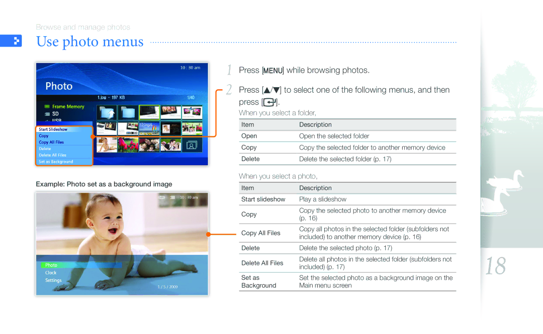 Samsung SPF-87H, SPF-107H user manual Use photo menus, When you select a folder 