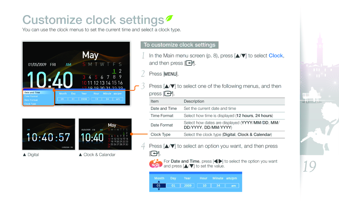 Samsung SPF-107H, SPF-87H user manual Customize clock settings, To customize clock settings 