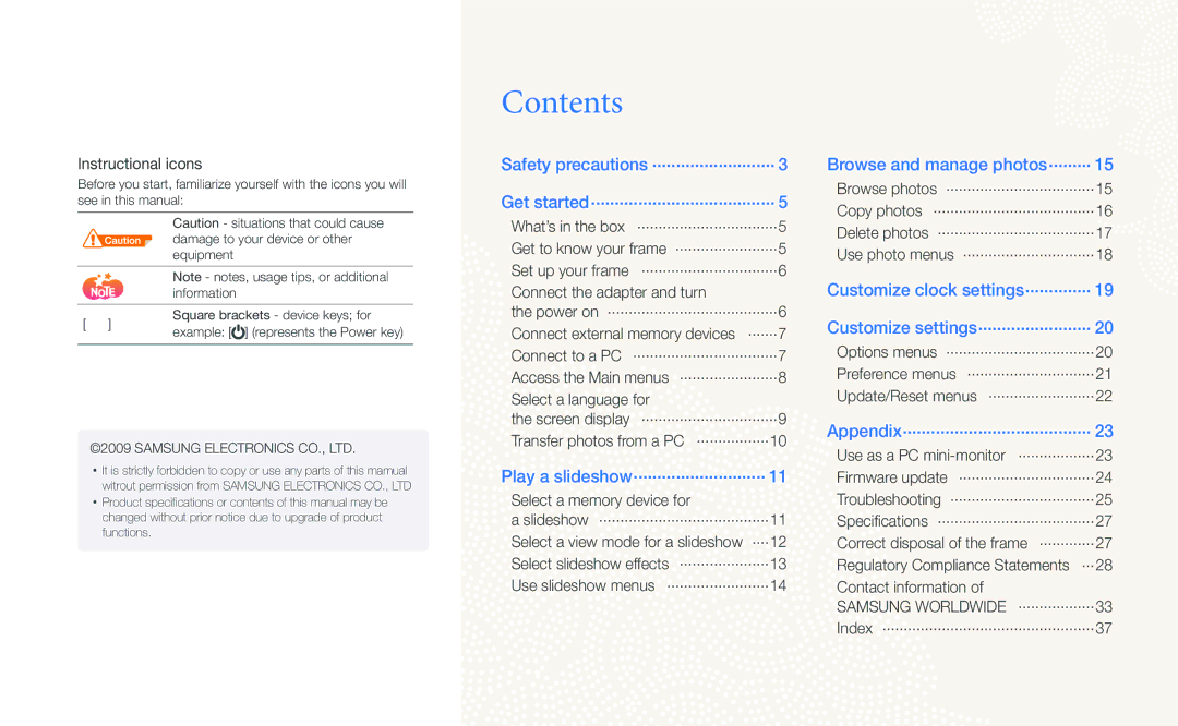 Samsung SPF-87H, SPF-107H user manual Contents 