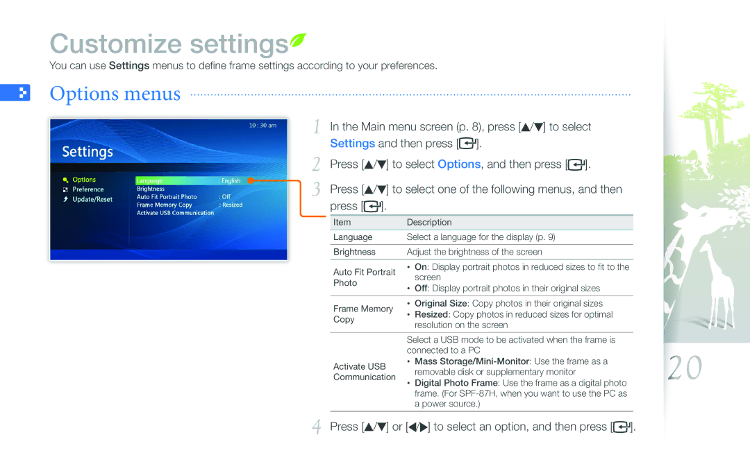 Samsung SPF-87H, SPF-107H user manual Customize settings, Options menus 