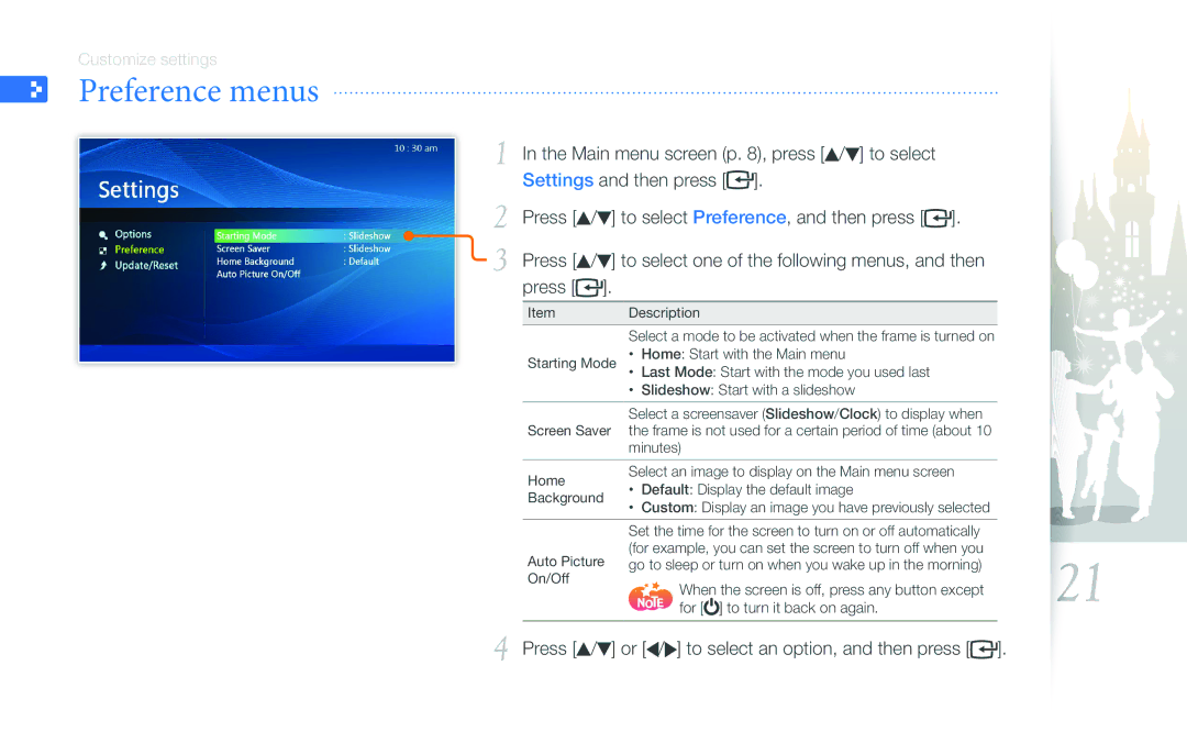 Samsung SPF-107H, SPF-87H user manual Preference menus 